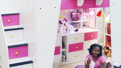 Mẫu giường tầng đa năng bé gái màu hồng dễ thương