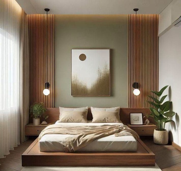 Giường ngủ kiểu Nhật sang trọng thiết kế tối giản với tông gỗ trầm ấm, mang phong cách Zen hiện đại.