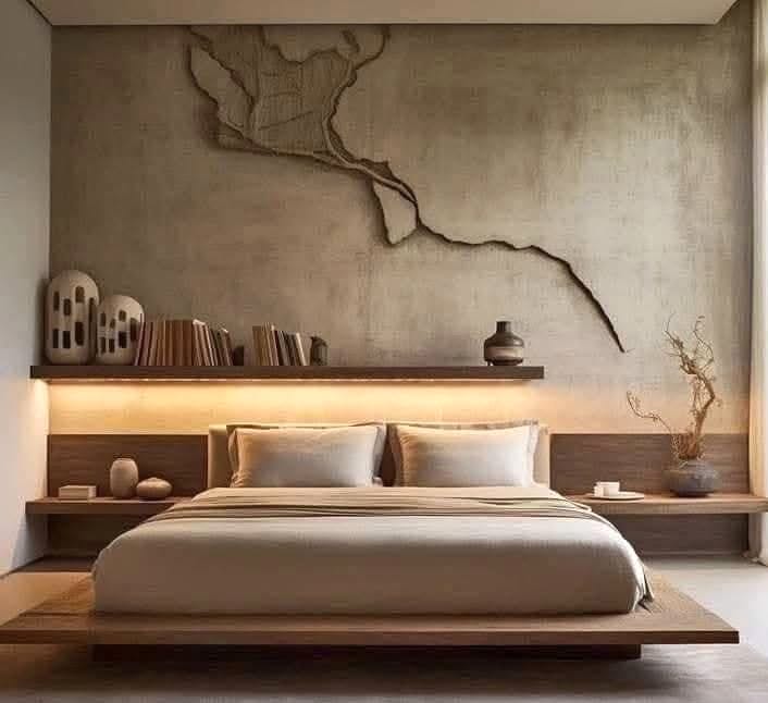 Giường ngủ kiểu Nhật hiện đại thấp sàn với gam màu trung tính, thiết kế tối giản mang hơi thở thiền.