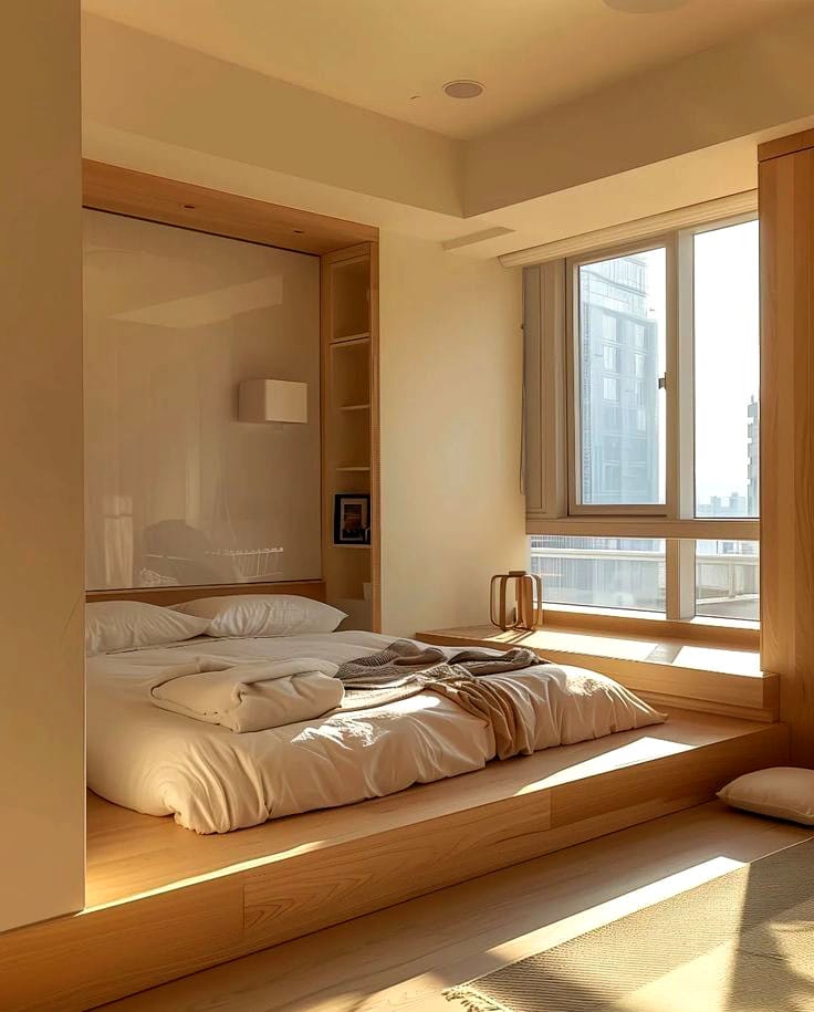 Giường ngủ kiểu Nhật hiện đại thiết kế thấp, gần sàn, mang phong cách tối giản với ánh sáng tự nhiên tràn ngập phòng ngủ