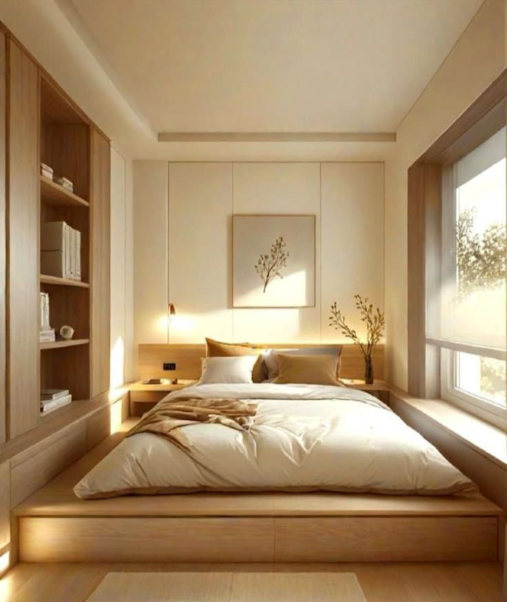 Giường ngủ kiểu Nhật tối giản, thiết kế thấp, màu gỗ tự nhiên mang lại cảm giác ấm cúng và tinh tế cho phòng ngủ hiện đại