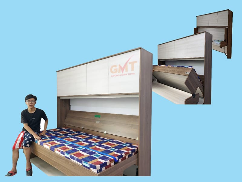 Giường gấp thông minh tích hợp bàn học và tủ trên, màu gỗ hiện đại