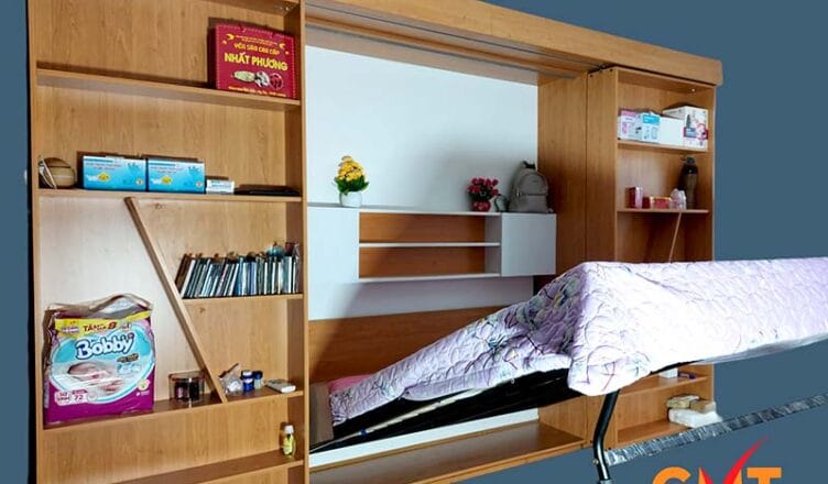 Giường gắn tường kèm tủ sách thông minh, dễ dàng gấp mở, tiết kiệm không gian phòng ngủ hiện đại