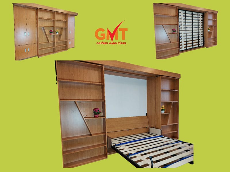 Giường gắn tường thông minh kết hợp tủ sách đa năng bằng gỗ, thiết kế gọn gàng, tiện lợi cho không gian nhỏ.
