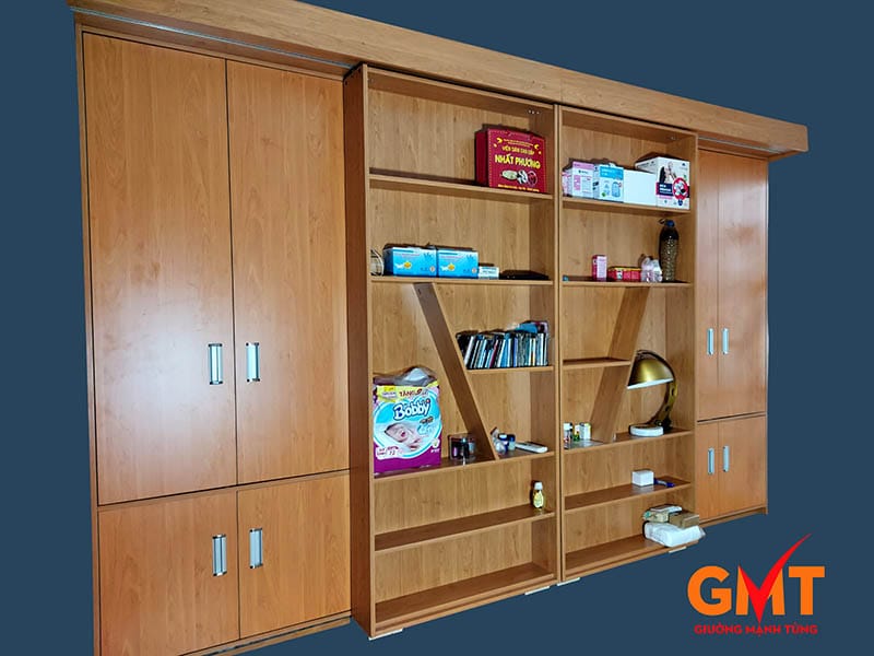 Giường gắn tường kèm tủ sách gỗ đa năng, tiết kiệm diện tích và tiện lợi cho phòng ngủ hiện đại