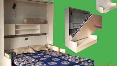 Giường ngủ âm tường thông minh gấp gọn kết hợp sofa màu trắng, thiết kế hiện đại giúp tiết kiệm không gian căn hộ nhỏ