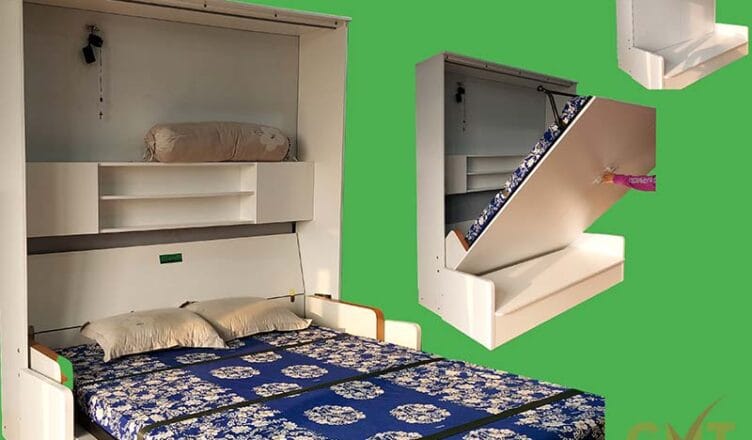Giường ngủ âm tường thông minh gấp gọn kết hợp sofa màu trắng, thiết kế hiện đại giúp tiết kiệm không gian căn hộ nhỏ