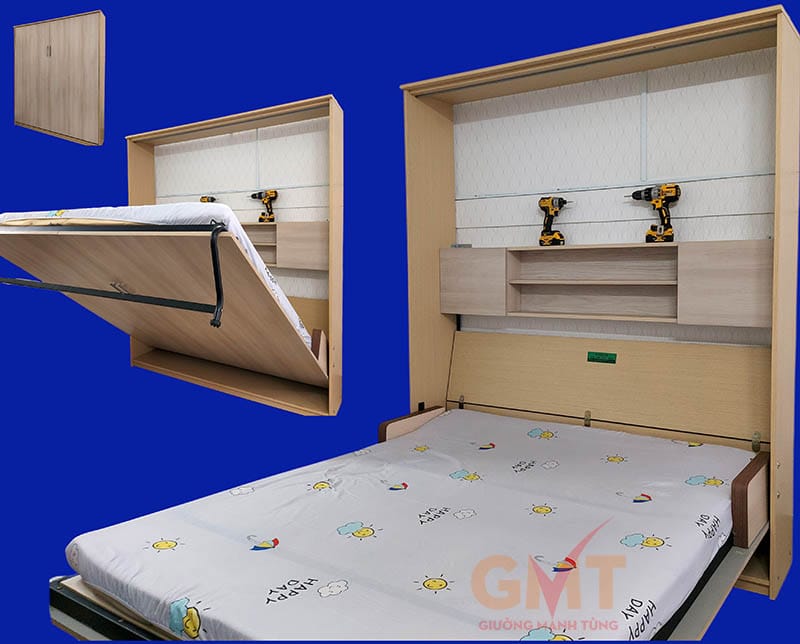 Mẫu giường gấp thành tủ gọn gàng, hạ xuống nhẹ nhàng, phù hợp căn hộ hiện đại.