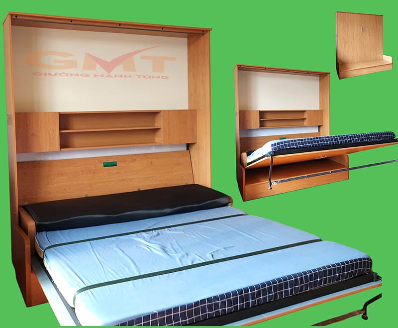 Hệ giường gấp thành tủ thông minh với cơ cấu nâng hạ êm, có tủ lớn hai bên