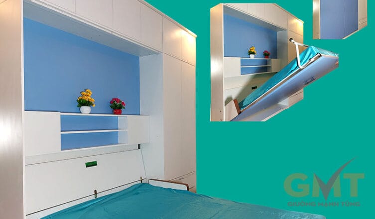 Giường gấp thành tủ màu trắng tích hợp kệ trang trí, thiết kế thông minh tiết kiệm diện tích cho phòng ngủ nhỏ.