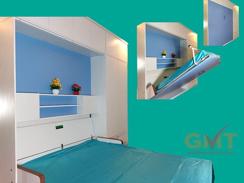 Giường gấp thành tủ màu trắng tích hợp kệ trang trí, thiết kế thông minh tiết kiệm diện tích cho phòng ngủ nhỏ.