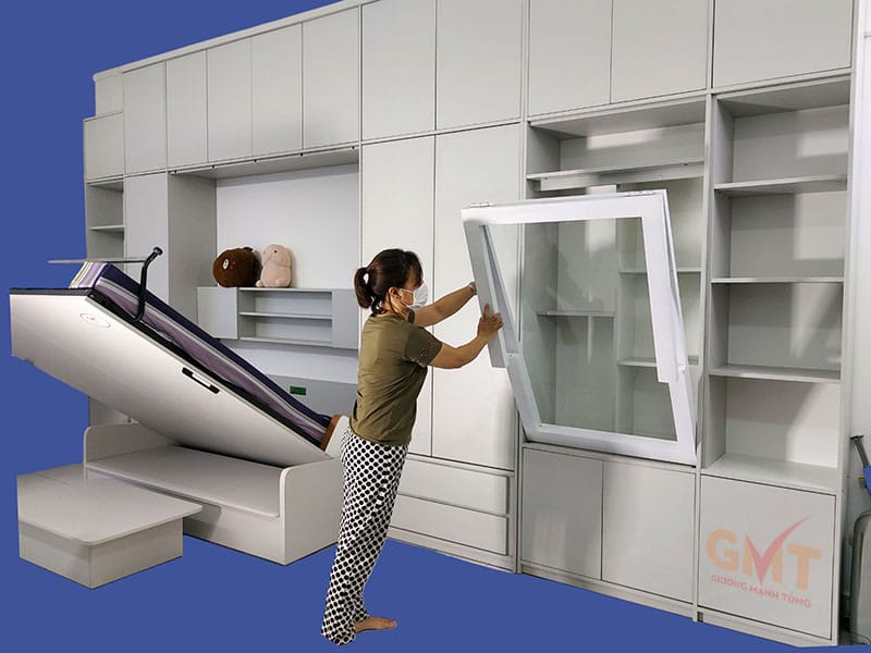 Giường ngủ âm tường thông minh gấp gọn tích hợp tủ kệ giúp tiết kiệm diện tích phòng ngủ