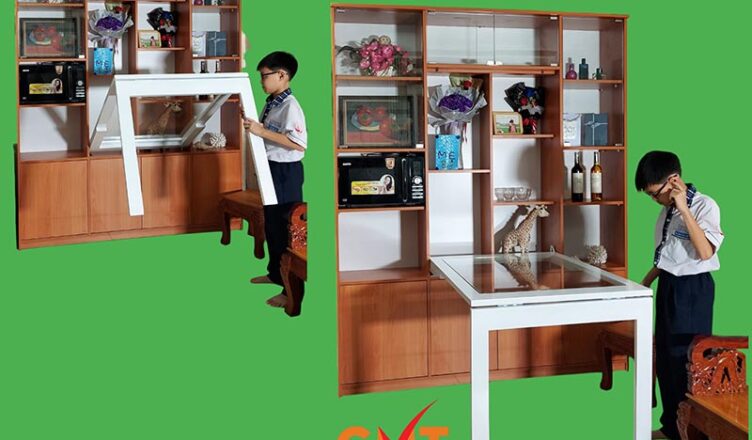 Bàn ăn gấp gọn thông minh gắn tường phối tủ màu gỗ và trắng với 2 trạng thái đóng và mở của GMT Giường Mạnh Tùng.