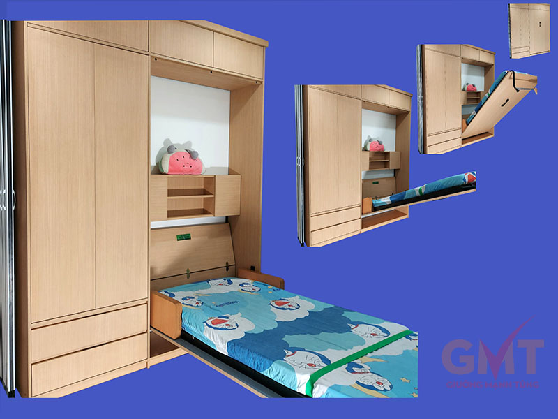 Giường ẩn tủ là gì? Quy trình vận hành thực tế của mẫu giường ẩn tủ đơn tích hợp hệ tủ quần áo và kệ trang trí thương hiệu Mạnh Tùng.