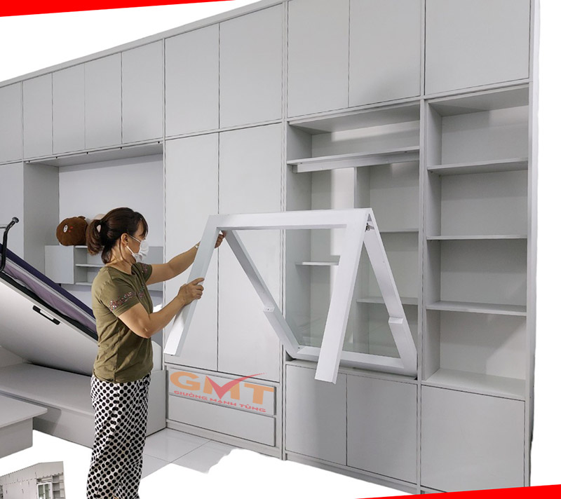 Giường ẩn tủ là gì? Hình ảnh minh họa cách vận hành của mẫu giường ẩn tủ thông minh GMT kịch trần, giải pháp tối ưu diện tích cho căn hộ Studio.