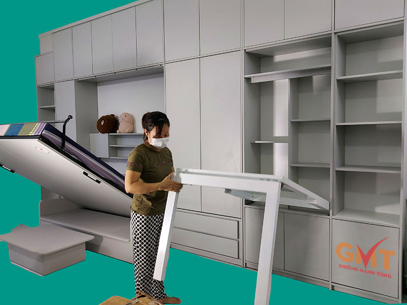 Giường ngủ thông minh hiện đại kết hợp bàn làm việc và hệ tủ kịch trần màu trắng